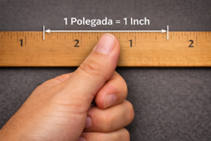 Ilustração mostrando a polegada como unidade de medida histórica baseada na largura do polegar humano