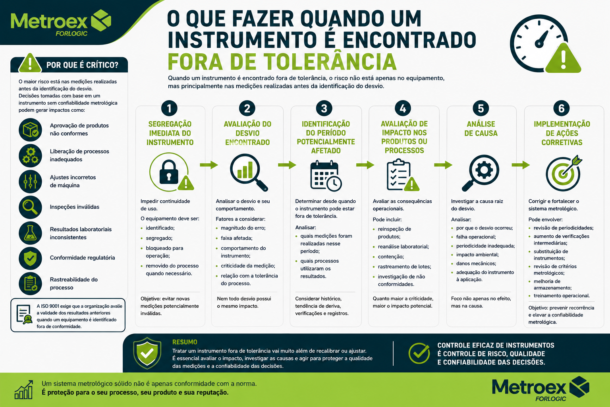 Infográfico mostrando como tratar instrumentos fora de tolerância no controle de instrumentos de medição